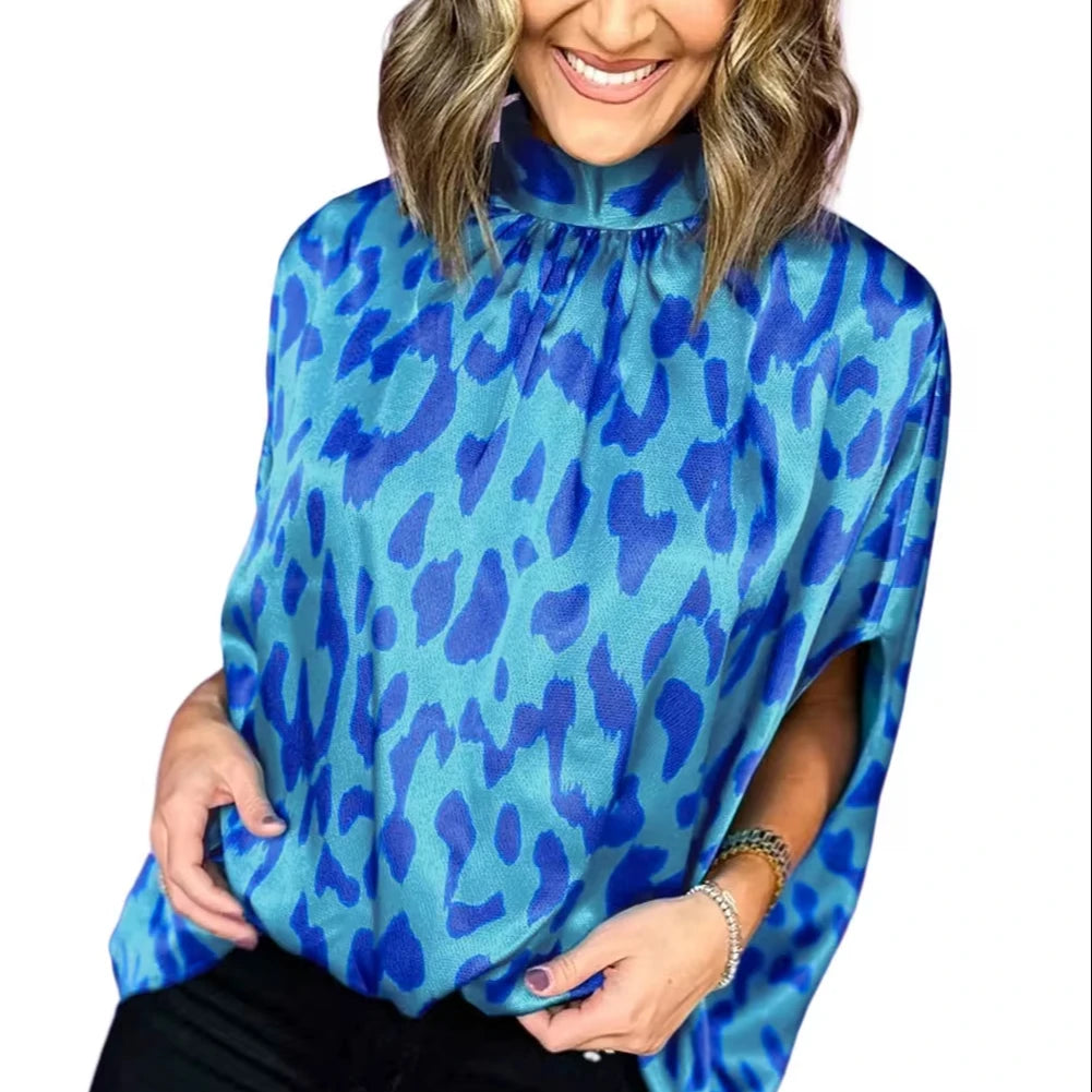 Wholesale 2025 New Arrival Oem Boutique Women Clothing Wholesale Blue Animal Printed Mock Neck Detail Caftan Top