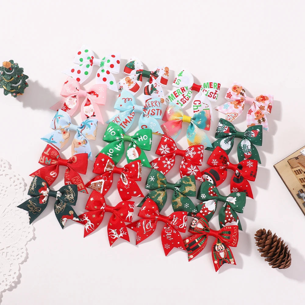 6Pcs Christmas Kids Bows Hair Clips Set for Baby Girl 2.4'' Ribbon Elk Santa Print Bowknots Hairpins Headwear Hair Accessories