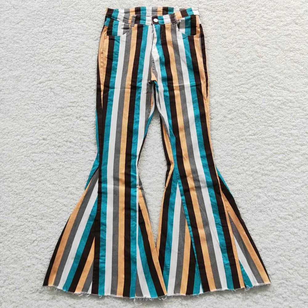 Wholesale Adult Women Leopard Stripes Denim Jeans Adjustable Bell Bottom Pants Pocket Woman Trousers Boutique Clothing