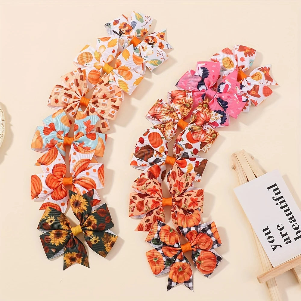 12/24Pcs Thanksgiving Day Bow Hair Clip Set For Kids Girls Autumn Printed Ribbon Maple Leaves Pumkin Hairpins Hair Accessories