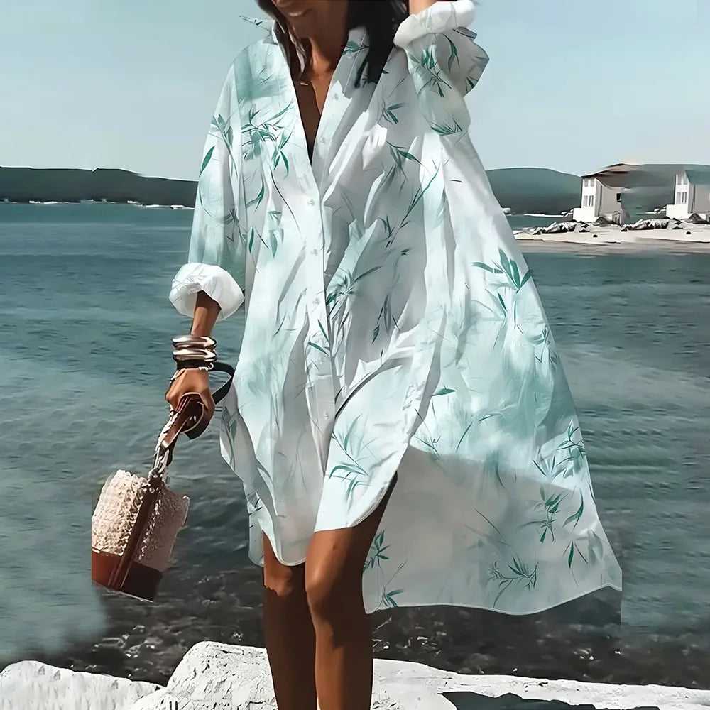 Female Clothing Lapel Collar Shirt Dresses Fashion Women's Long Sleeve Shirts Skirts Chain Pattern 3D Printing Boutique Dress