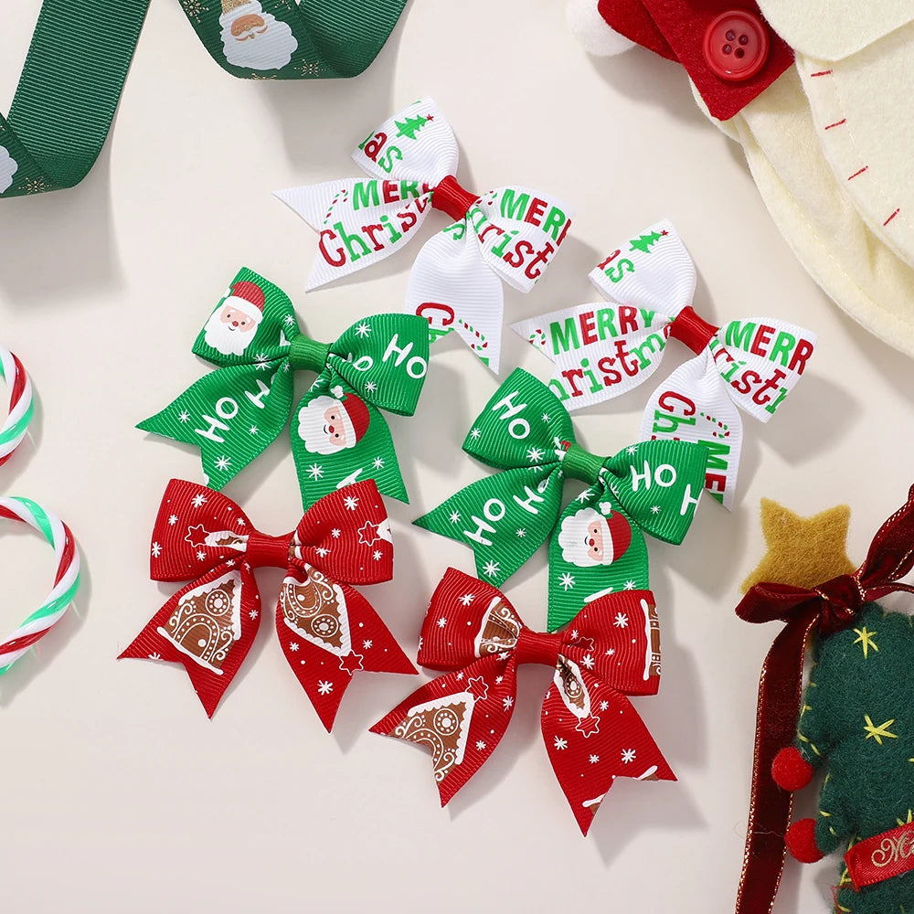 6Pcs Christmas Kids Bows Hair Clips Set for Baby Girl 2.4'' Ribbon Elk Santa Print Bowknots Hairpins Headwear Hair Accessories