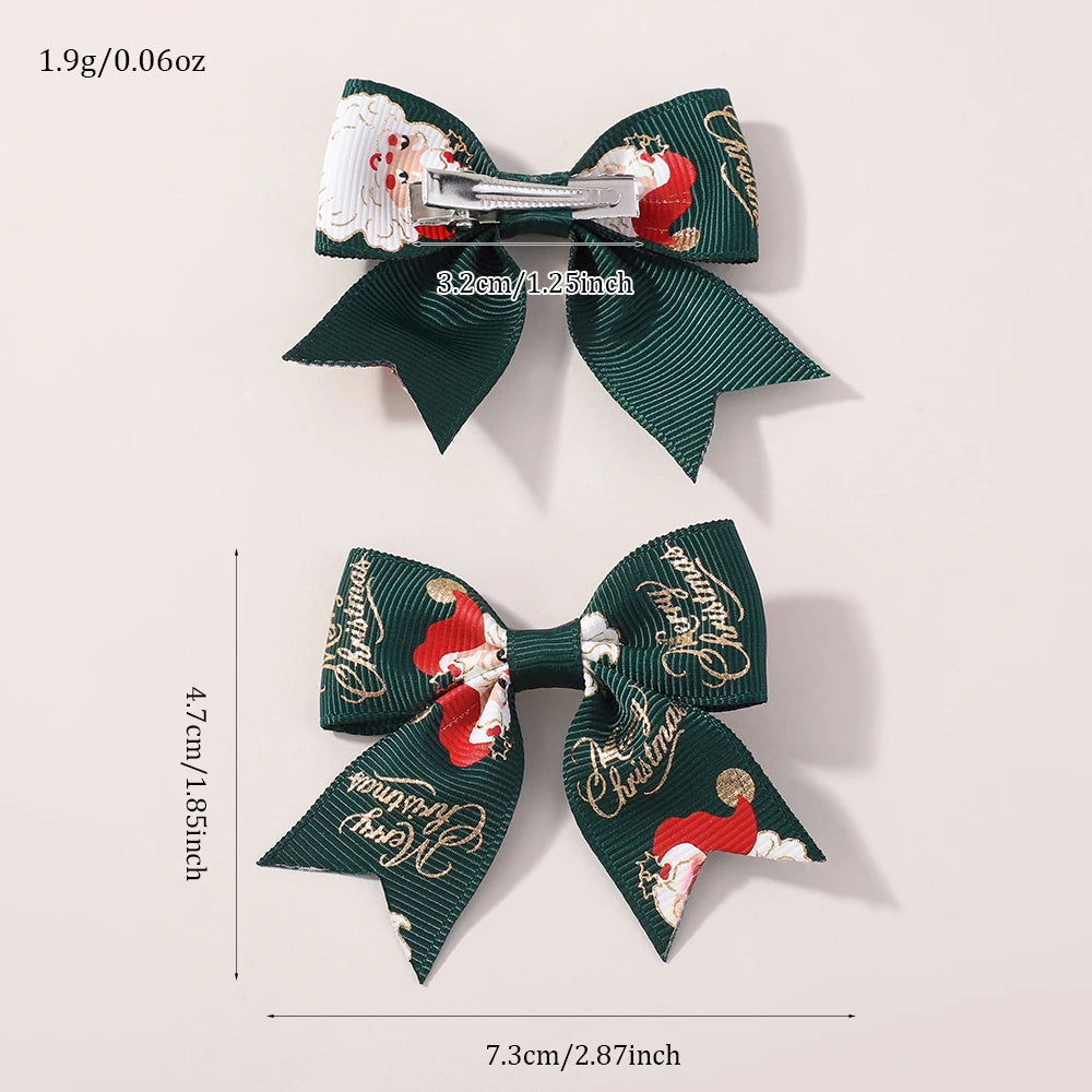 6Pcs Christmas Kids Bows Hair Clips Set for Baby Girl 2.4'' Ribbon Elk Santa Print Bowknots Hairpins Headwear Hair Accessories