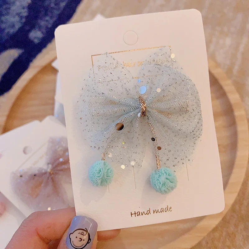1PCS New Plush Ball Organza Hair Bows Hair Accessories Princess Hair Clips Girls Flower Crown Hair Ornaments Rim Hairpin