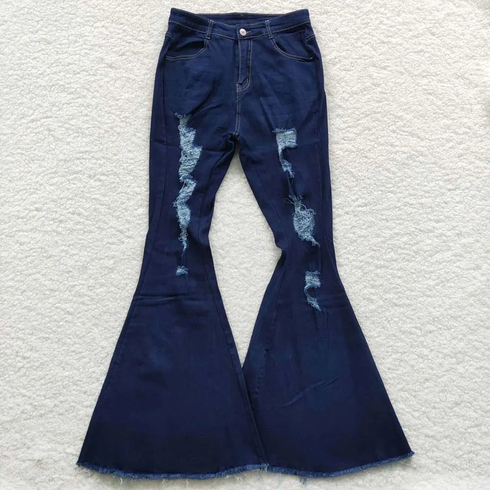 Wholesale Adult Women Leopard Stripes Denim Jeans Adjustable Bell Bottom Pants Pocket Woman Trousers Boutique Clothing