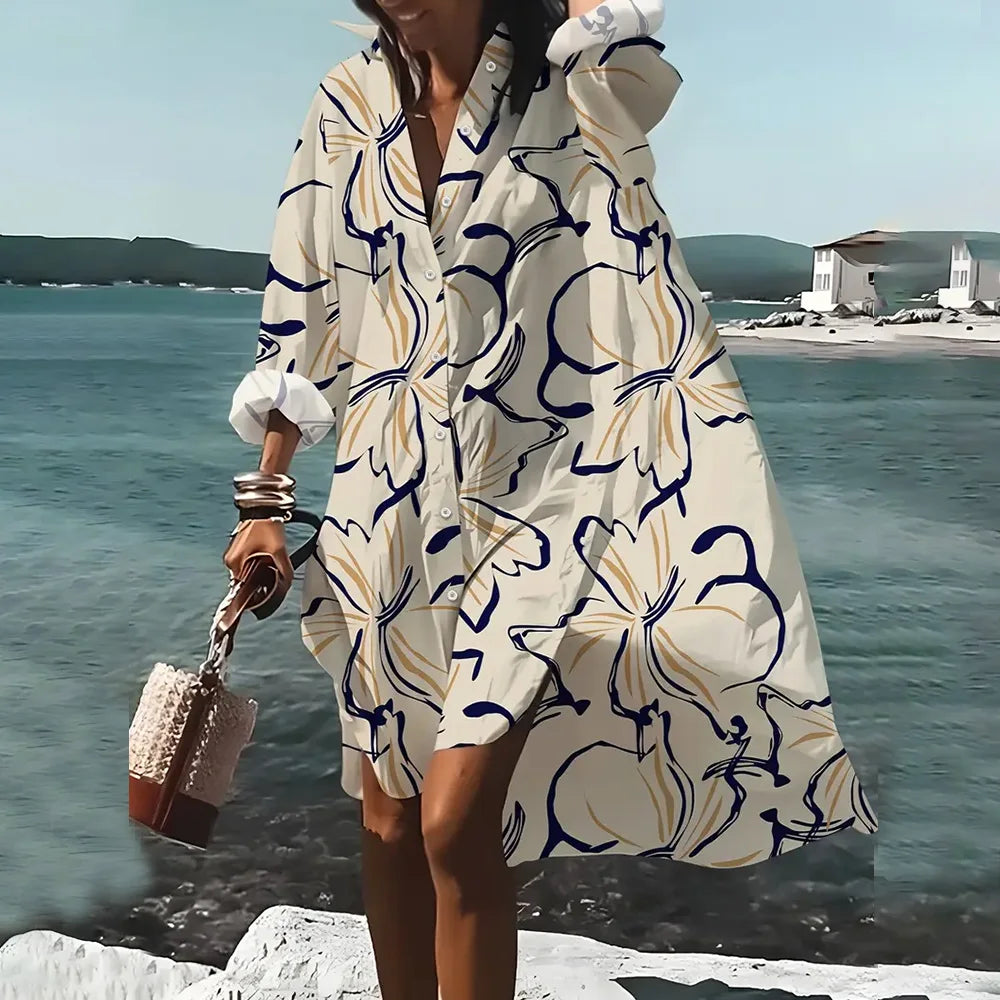 Female Clothing Lapel Collar Shirt Dresses Fashion Women's Long Sleeve Shirts Skirts Chain Pattern 3D Printing Boutique Dress