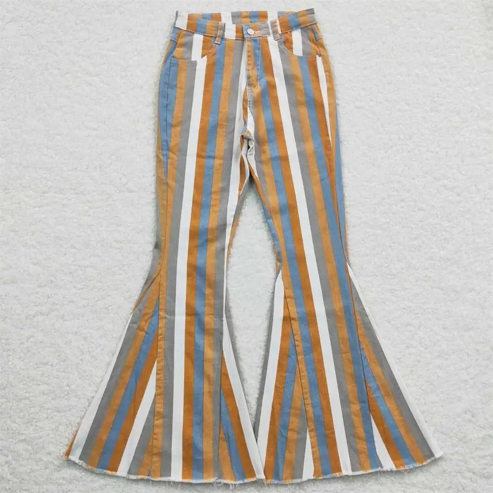 Wholesale Adult Women Leopard Stripes Denim Jeans Adjustable Bell Bottom Pants Pocket Woman Trousers Boutique Clothing