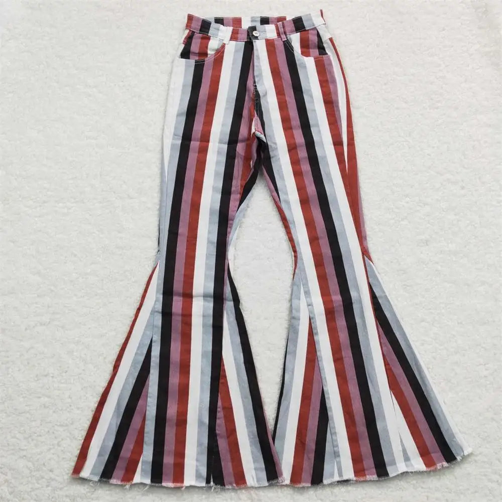 Wholesale Adult Women Leopard Stripes Denim Jeans Adjustable Bell Bottom Pants Pocket Woman Trousers Boutique Clothing