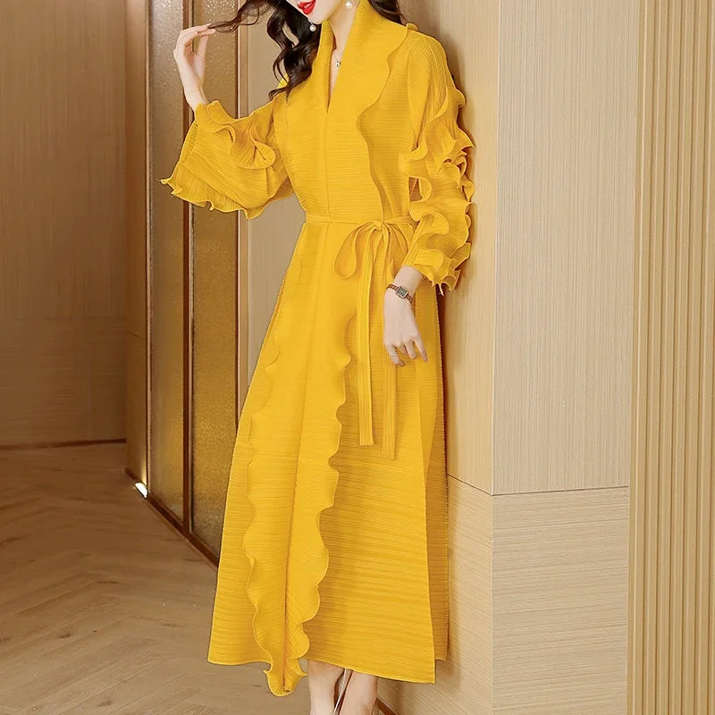 2023 New Joker Casual Dress Women Clothing Miyake Pleated Long-Sleeved Ruffled High-Elastic Boutique Autumn Evening Dresses
