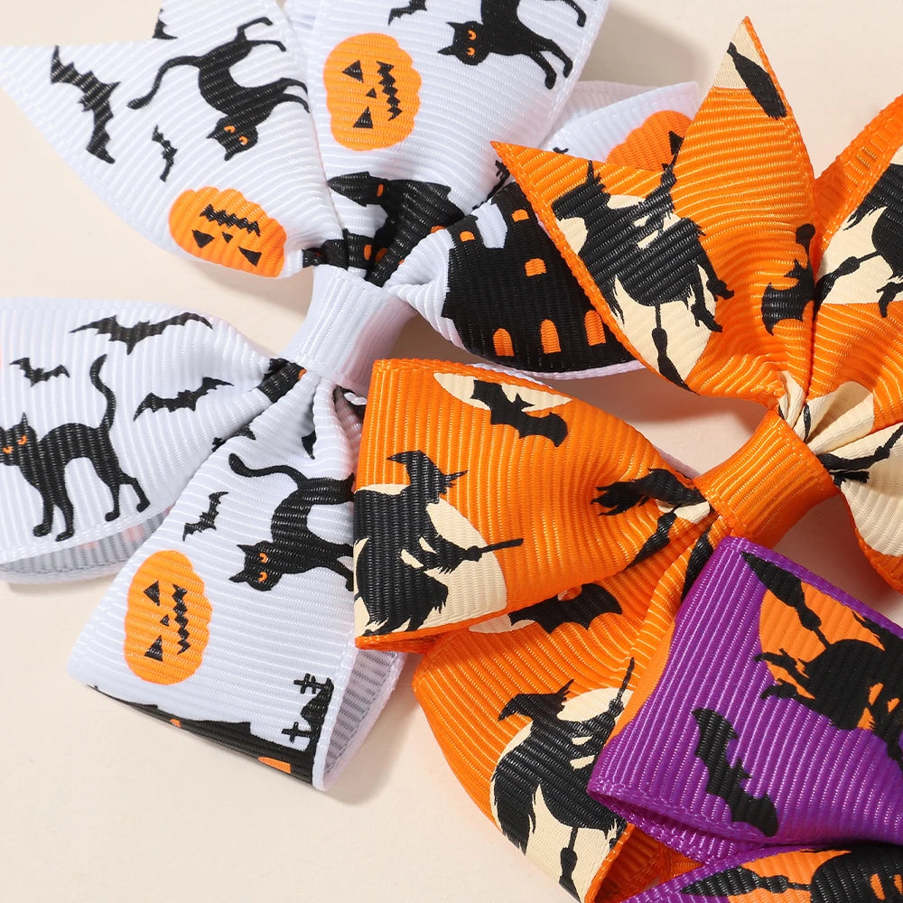 12Pcs Halloween Hair Bows for Kids Party Pumpkin Bat Witch Print Delicate Hair Clips Hairpins Thriller Elements Hair Accessories