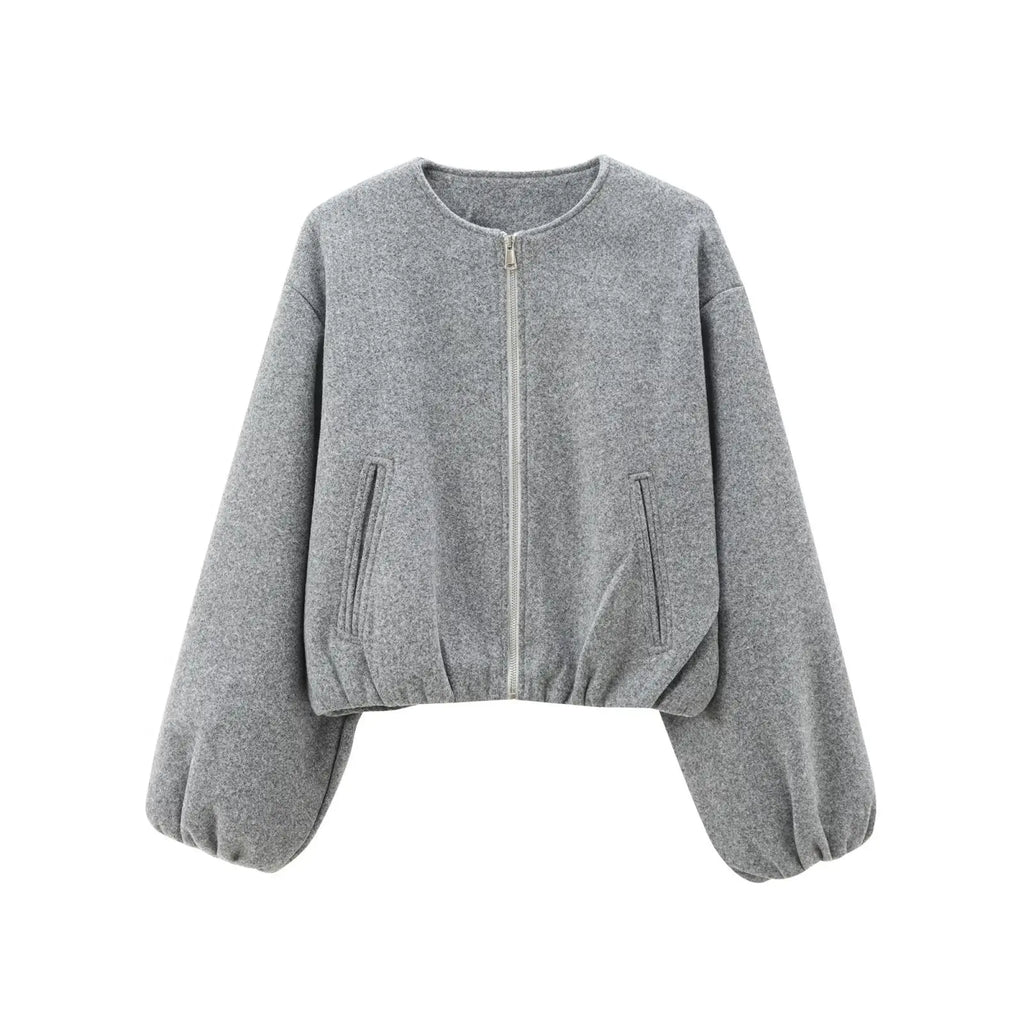 Ladies Fashion Autumn Winter Jacket Women Retro Round Neck Long Sleeve Elastic Hem Zipper Soft Bomber Jacket Women Coat Female