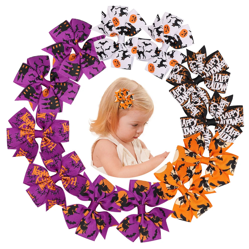 12Pcs Halloween Hair Bows for Kids Party Pumpkin Bat Witch Print Delicate Hair Clips Hairpins Thriller Elements Hair Accessories
