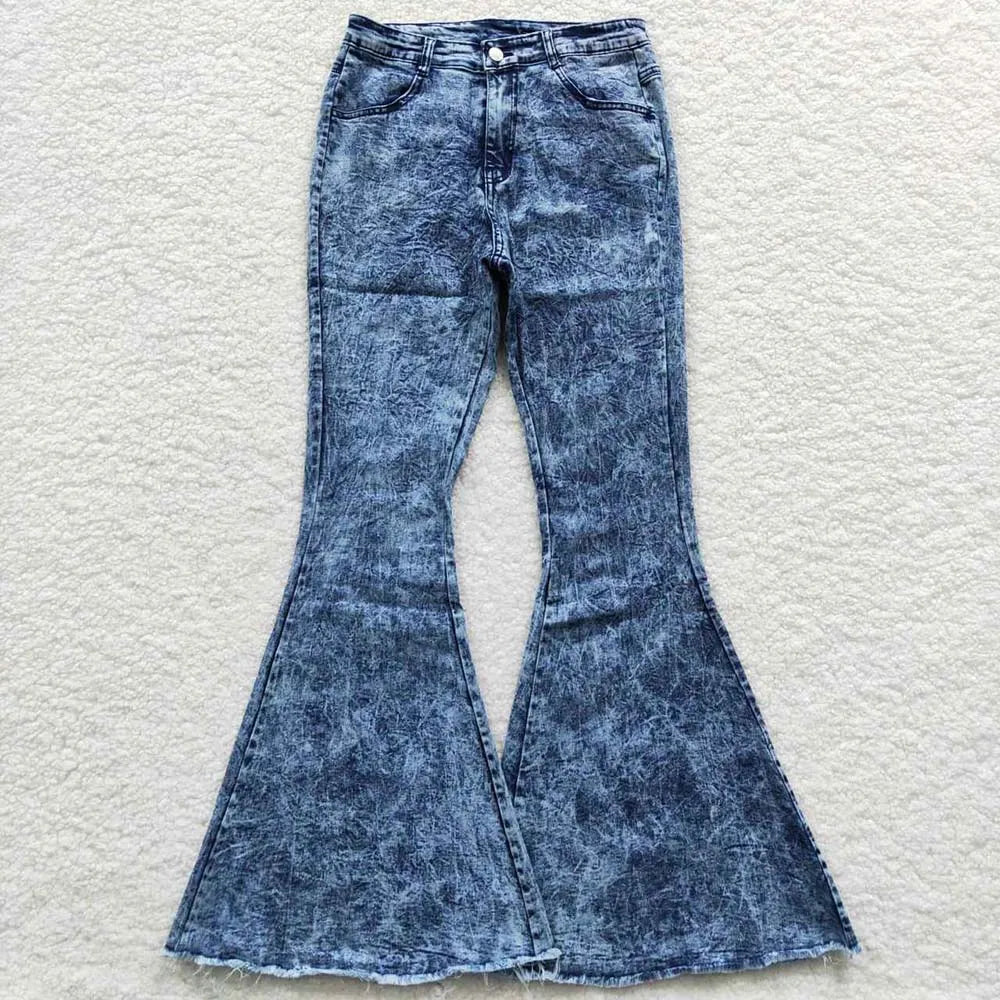 Wholesale Adult Women Leopard Stripes Denim Jeans Adjustable Bell Bottom Pants Pocket Woman Trousers Boutique Clothing