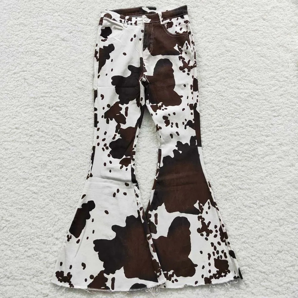 Wholesale Adult Women Leopard Stripes Denim Jeans Adjustable Bell Bottom Pants Pocket Woman Trousers Boutique Clothing
