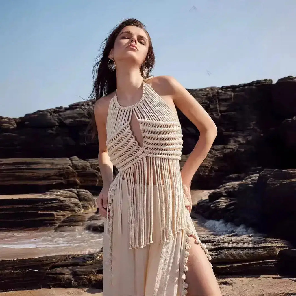 100% Handmade Crochet Cropped Top ,Sexy Bandage Tassel Tops ,Sleeveless Beige Tops Sexy Clothing Boutique Summer Women's Wear