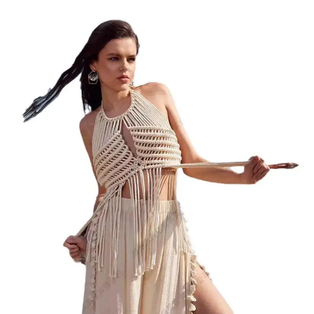 100% Handmade Crochet Cropped Top ,Sexy Bandage Tassel Tops ,Sleeveless Beige Tops Sexy Clothing Boutique Summer Women's Wear