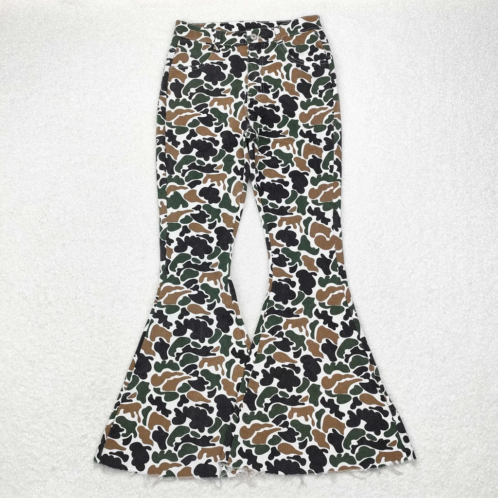Wholesale Adult Women Leopard Stripes Denim Jeans Adjustable Bell Bottom Pants Pocket Woman Trousers Boutique Clothing