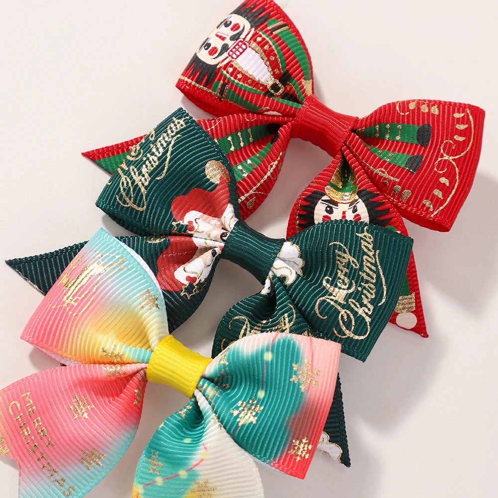 6Pcs Christmas Kids Bows Hair Clips Set for Baby Girl 2.4'' Ribbon Elk Santa Print Bowknots Hairpins Headwear Hair Accessories