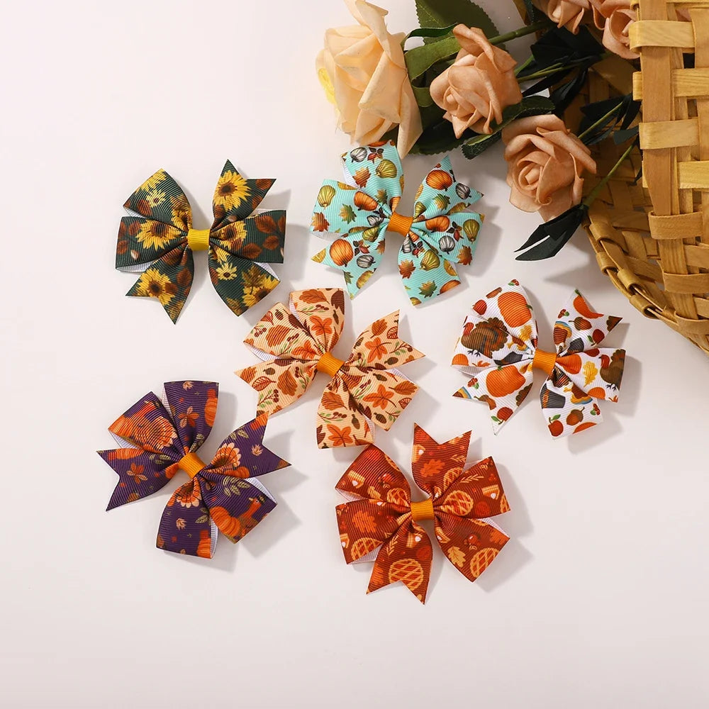 12/24Pcs Thanksgiving Day Bow Hair Clip Set For Kids Girls Autumn Printed Ribbon Maple Leaves Pumkin Hairpins Hair Accessories