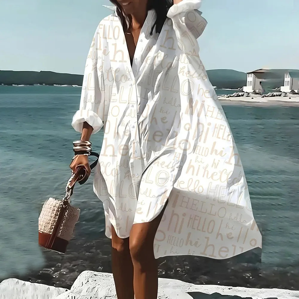 Female Clothing Lapel Collar Shirt Dresses Fashion Women's Long Sleeve Shirts Skirts Chain Pattern 3D Printing Boutique Dress