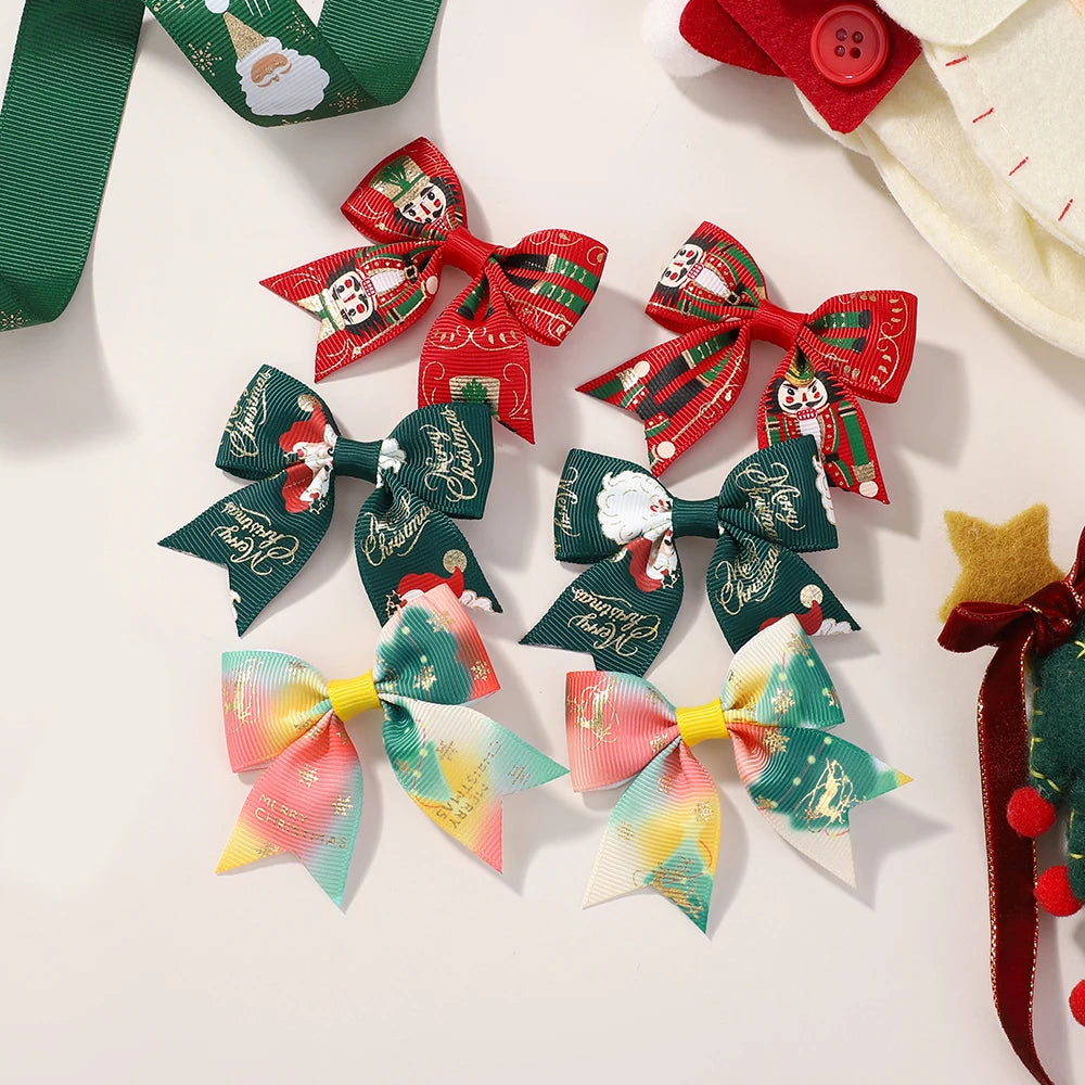 6Pcs Christmas Kids Bows Hair Clips Set for Baby Girl 2.4'' Ribbon Elk Santa Print Bowknots Hairpins Headwear Hair Accessories