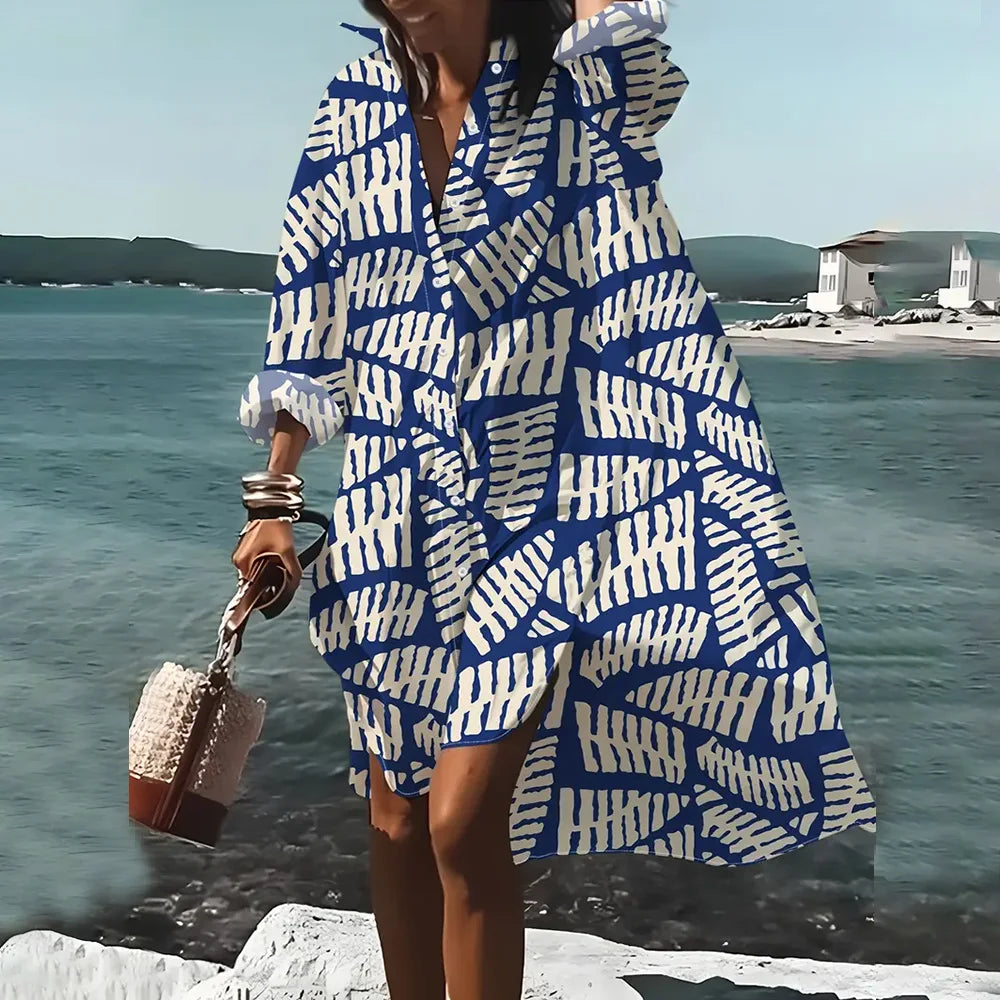 Female Clothing Lapel Collar Shirt Dresses Fashion Women's Long Sleeve Shirts Skirts Chain Pattern 3D Printing Boutique Dress