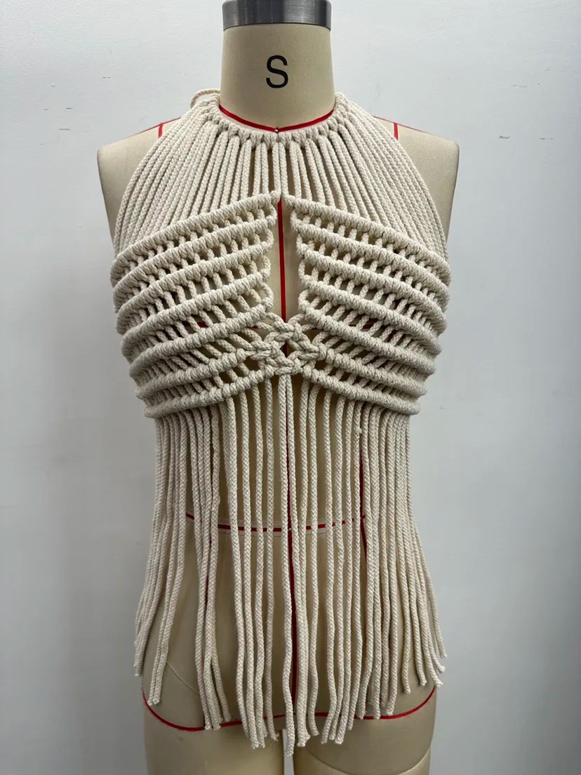 100% Handmade Crochet Cropped Top ,Sexy Bandage Tassel Tops ,Sleeveless Beige Tops Sexy Clothing Boutique Summer Women's Wear