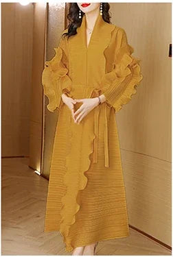 2023 New Joker Casual Dress Women Clothing Miyake Pleated Long-Sleeved Ruffled High-Elastic Boutique Autumn Evening Dresses