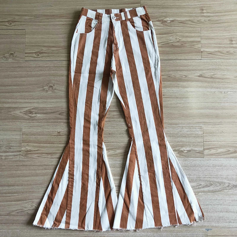 Wholesale Adult Women Leopard Stripes Denim Jeans Adjustable Bell Bottom Pants Pocket Woman Trousers Boutique Clothing