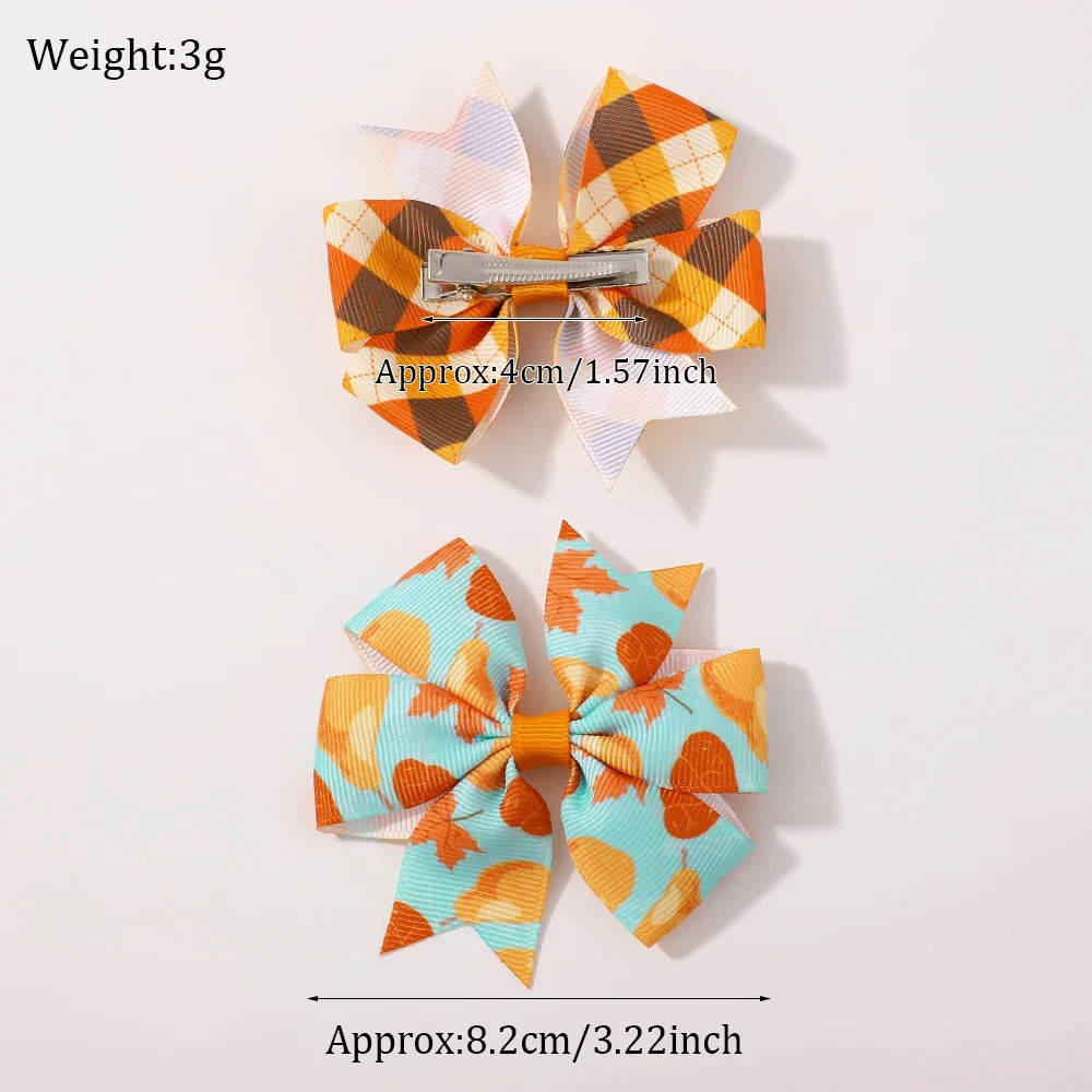 12/24Pcs Thanksgiving Day Bow Hair Clip Set For Kids Girls Autumn Printed Ribbon Maple Leaves Pumkin Hairpins Hair Accessories