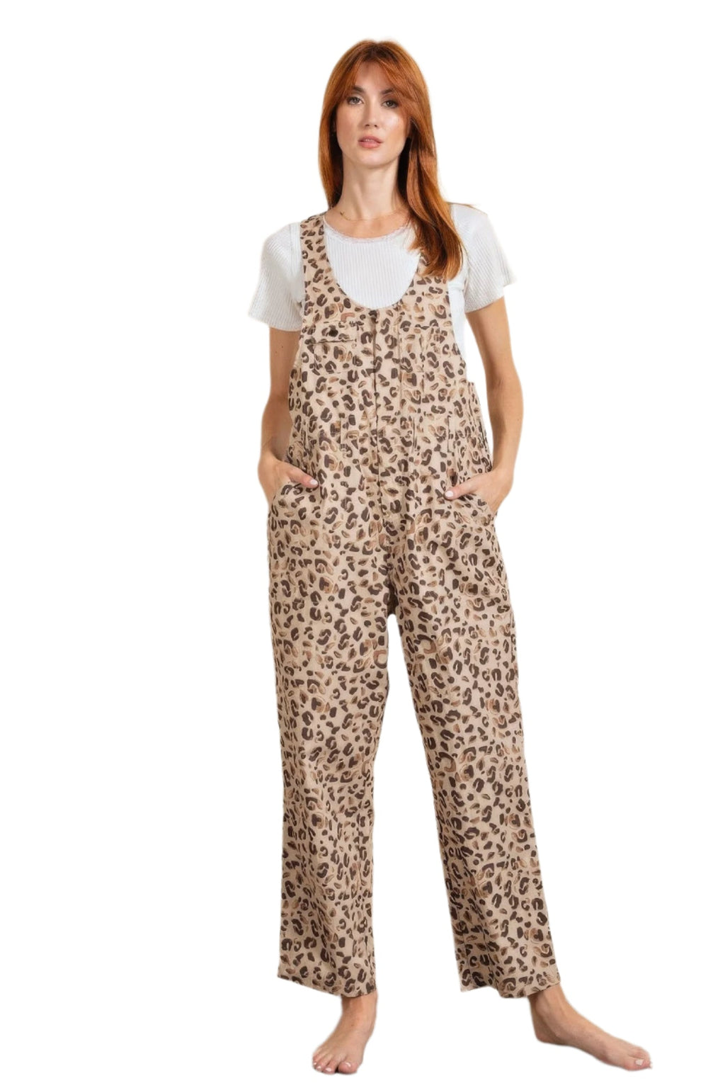 WildForm Cotton Leopard Print Jumpsuit – Khaki