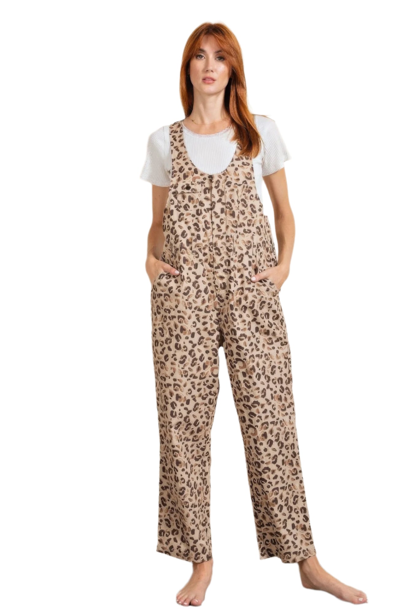 WildForm Cotton Leopard Print Jumpsuit – Khaki