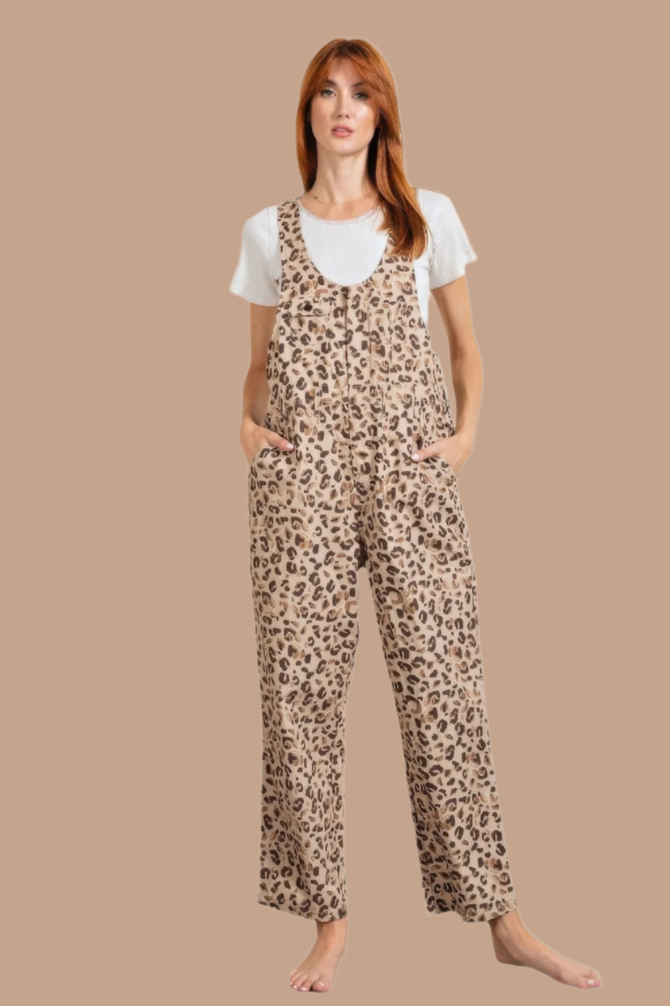 WildForm Cotton Leopard Print Jumpsuit – Khaki