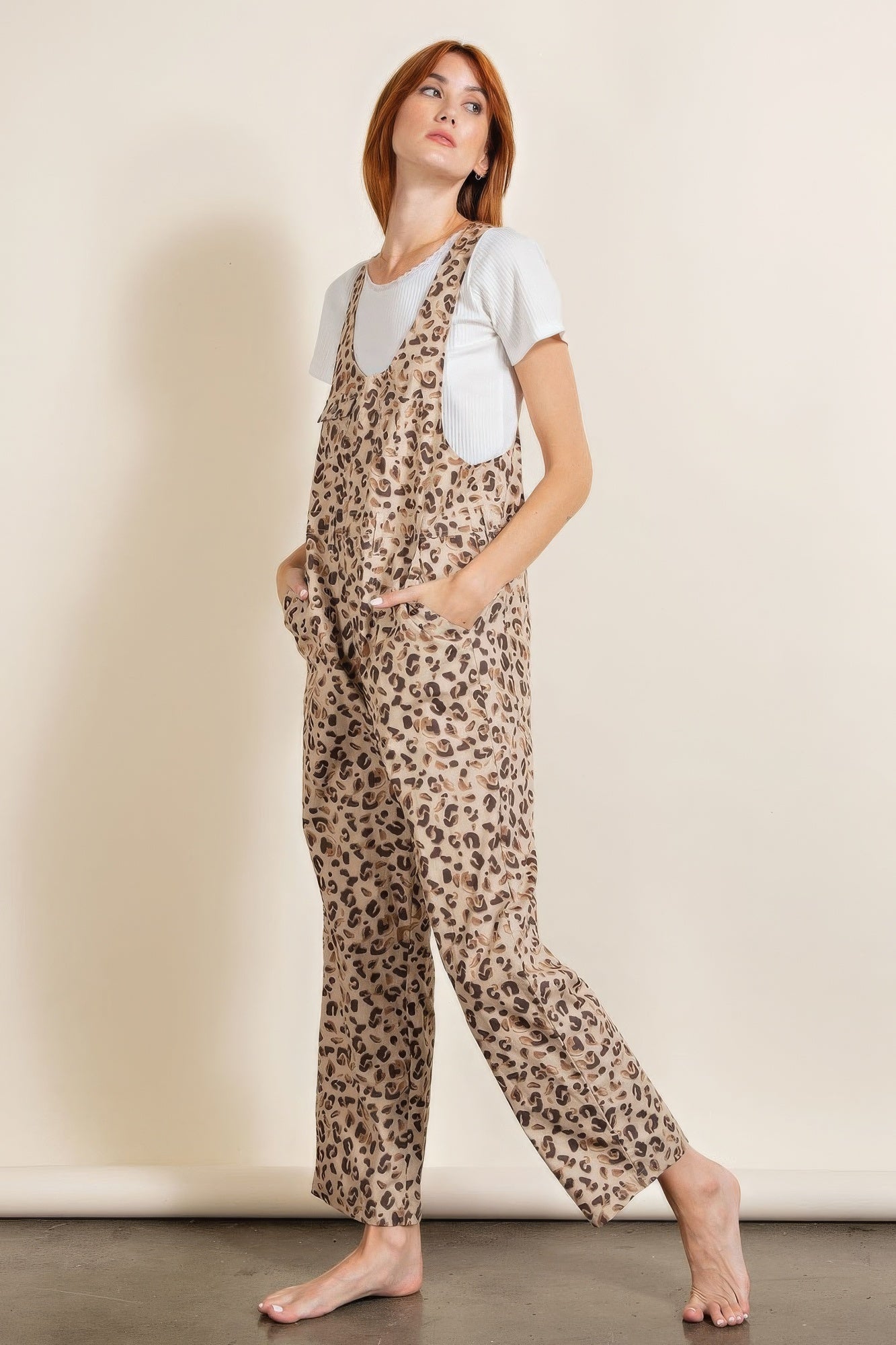 WildForm Cotton Leopard Print Jumpsuit – Khaki