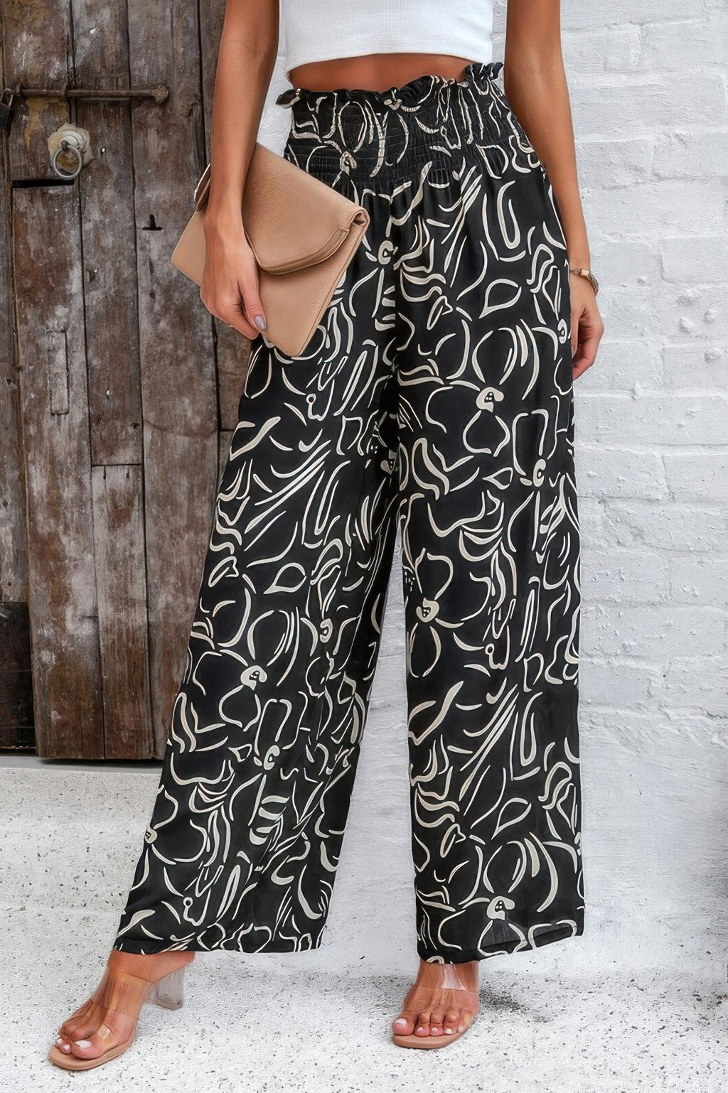 Allover Print Wide Leg Pants with Folded Frill and High Waist