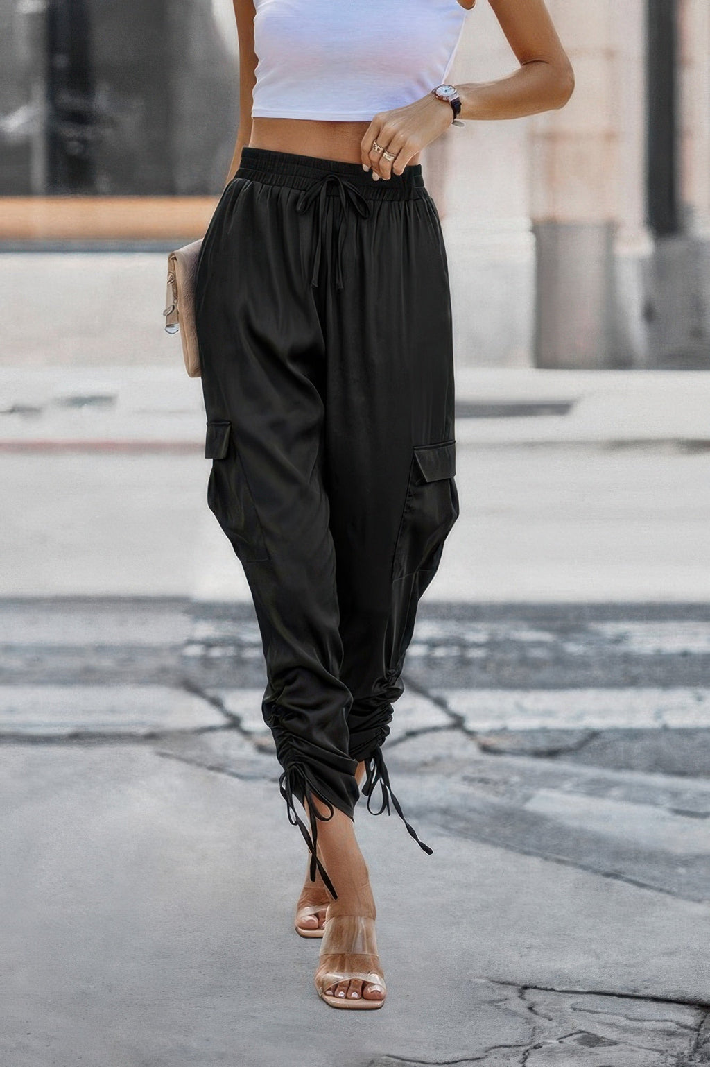 Solid Drawstring Side Stacked Pant with Hem Flap Pocket