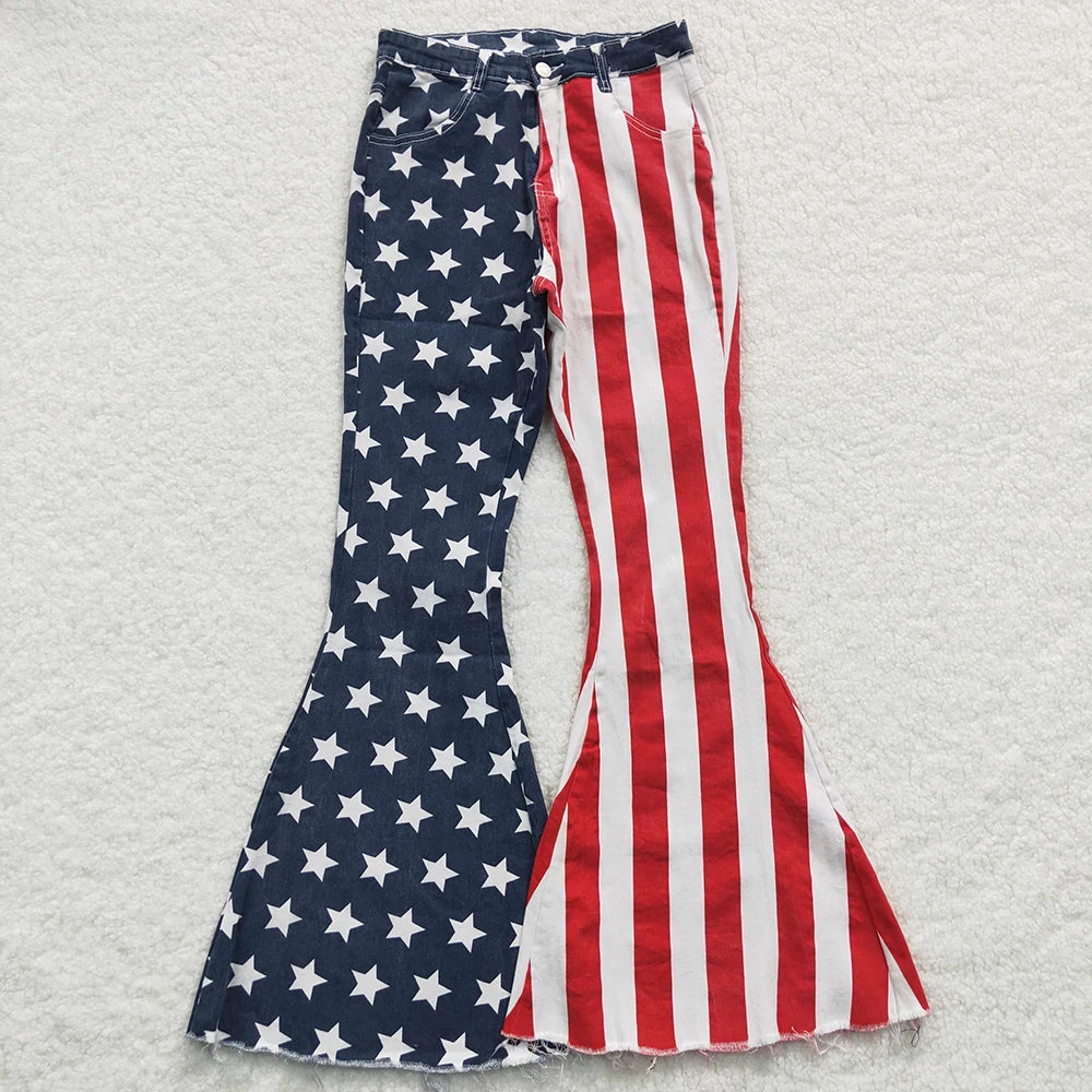 Wholesale Adult Women Leopard Stripes Denim Jeans Adjustable Bell Bottom Pants Pocket Woman Trousers Boutique Clothing