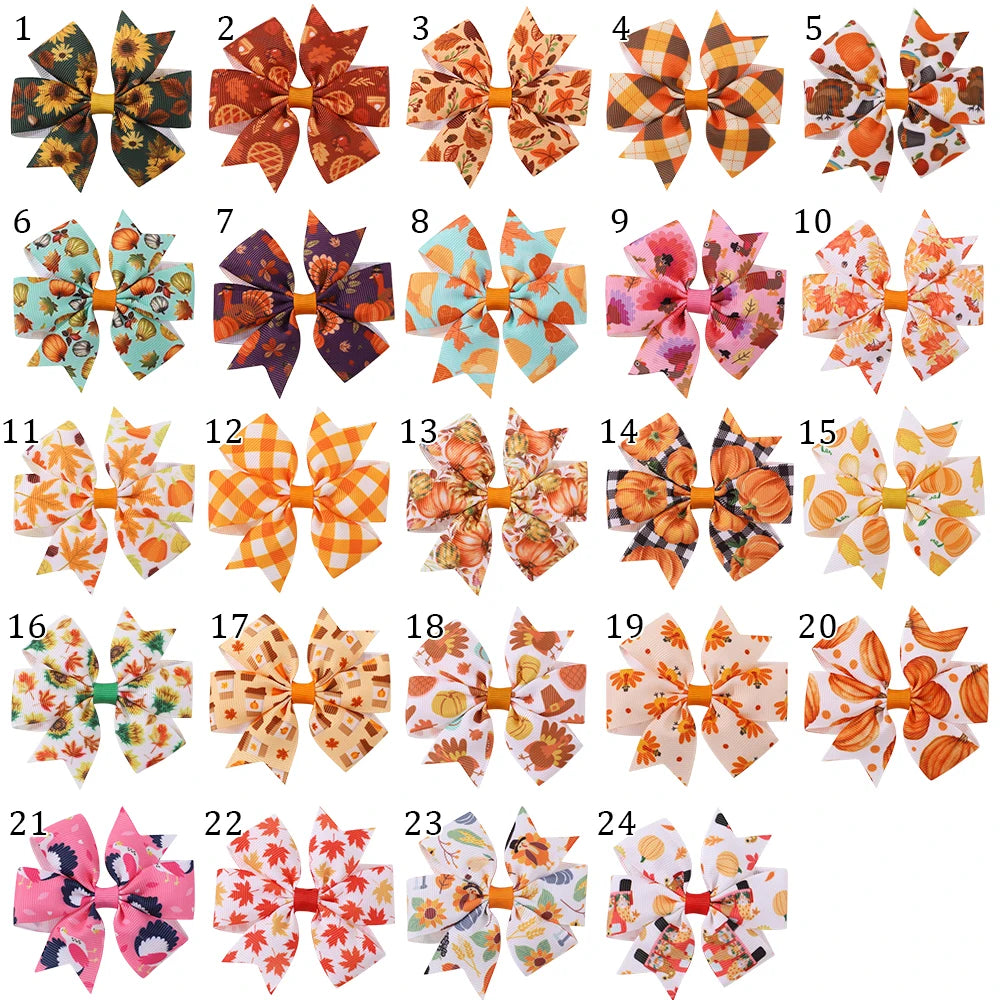 12/24Pcs Thanksgiving Day Bow Hair Clip Set For Kids Girls Autumn Printed Ribbon Maple Leaves Pumkin Hairpins Hair Accessories
