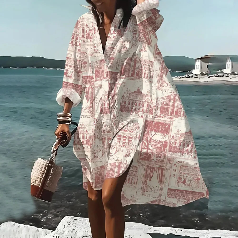 Female Clothing Lapel Collar Shirt Dresses Fashion Women's Long Sleeve Shirts Skirts Chain Pattern 3D Printing Boutique Dress