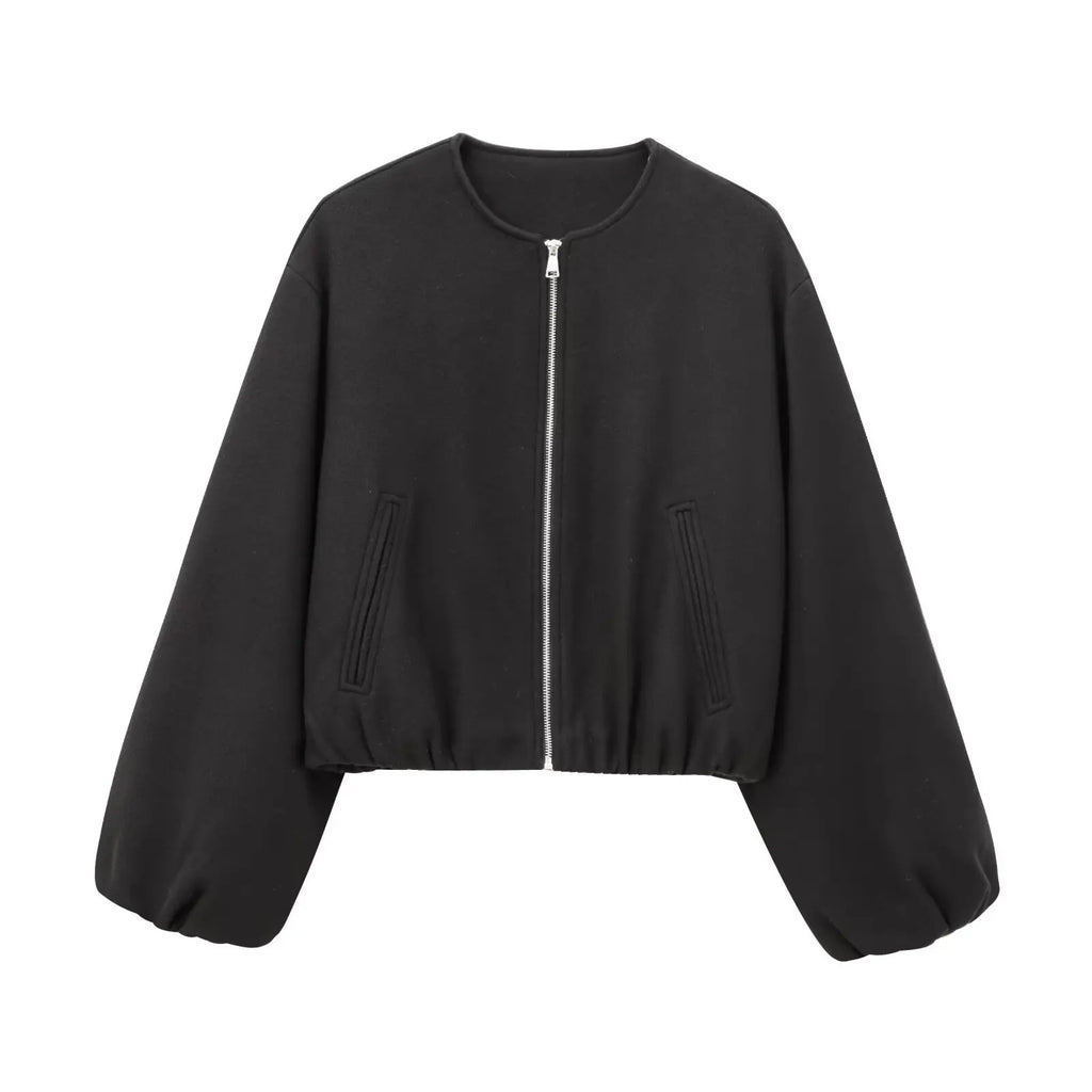 Ladies Fashion Autumn Winter Jacket Women Retro Round Neck Long Sleeve Elastic Hem Zipper Soft Bomber Jacket Women Coat Female