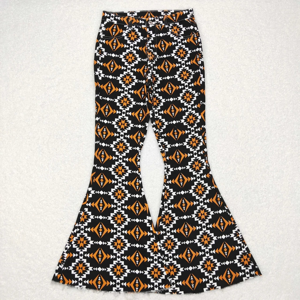 Wholesale Adult Women Leopard Stripes Denim Jeans Adjustable Bell Bottom Pants Pocket Woman Trousers Boutique Clothing