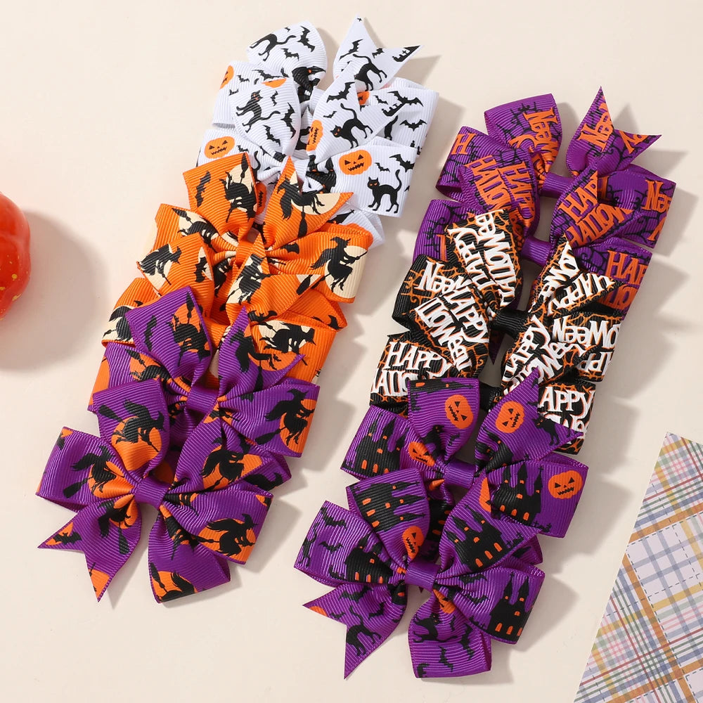 12Pcs Halloween Hair Bows for Kids Party Pumpkin Bat Witch Print Delicate Hair Clips Hairpins Thriller Elements Hair Accessories