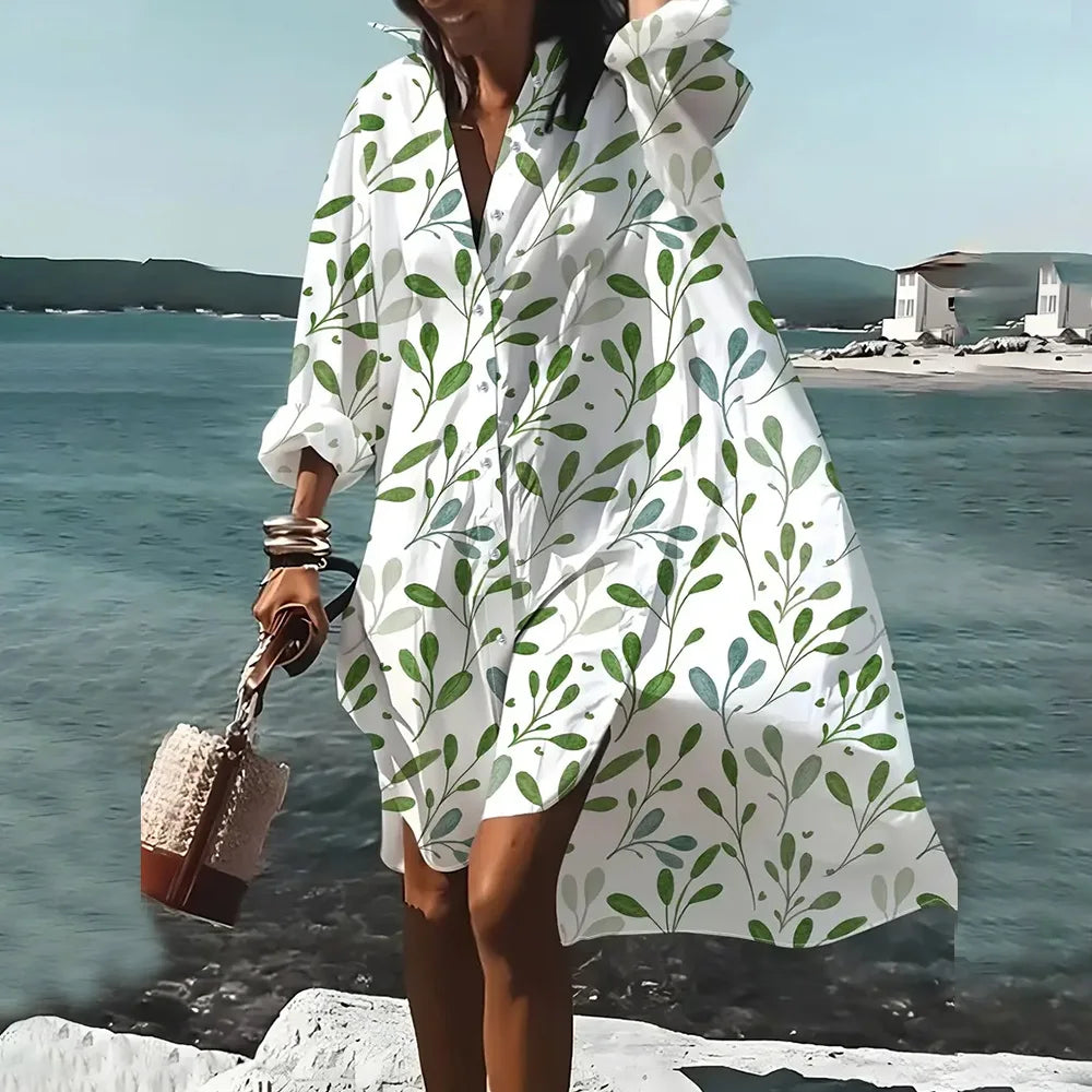 Female Clothing Lapel Collar Shirt Dresses Fashion Women's Long Sleeve Shirts Skirts Chain Pattern 3D Printing Boutique Dress