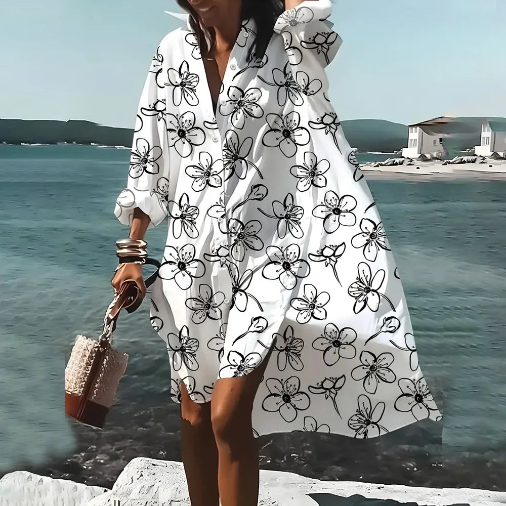 Female Clothing Lapel Collar Shirt Dresses Fashion Women's Long Sleeve Shirts Skirts Chain Pattern 3D Printing Boutique Dress