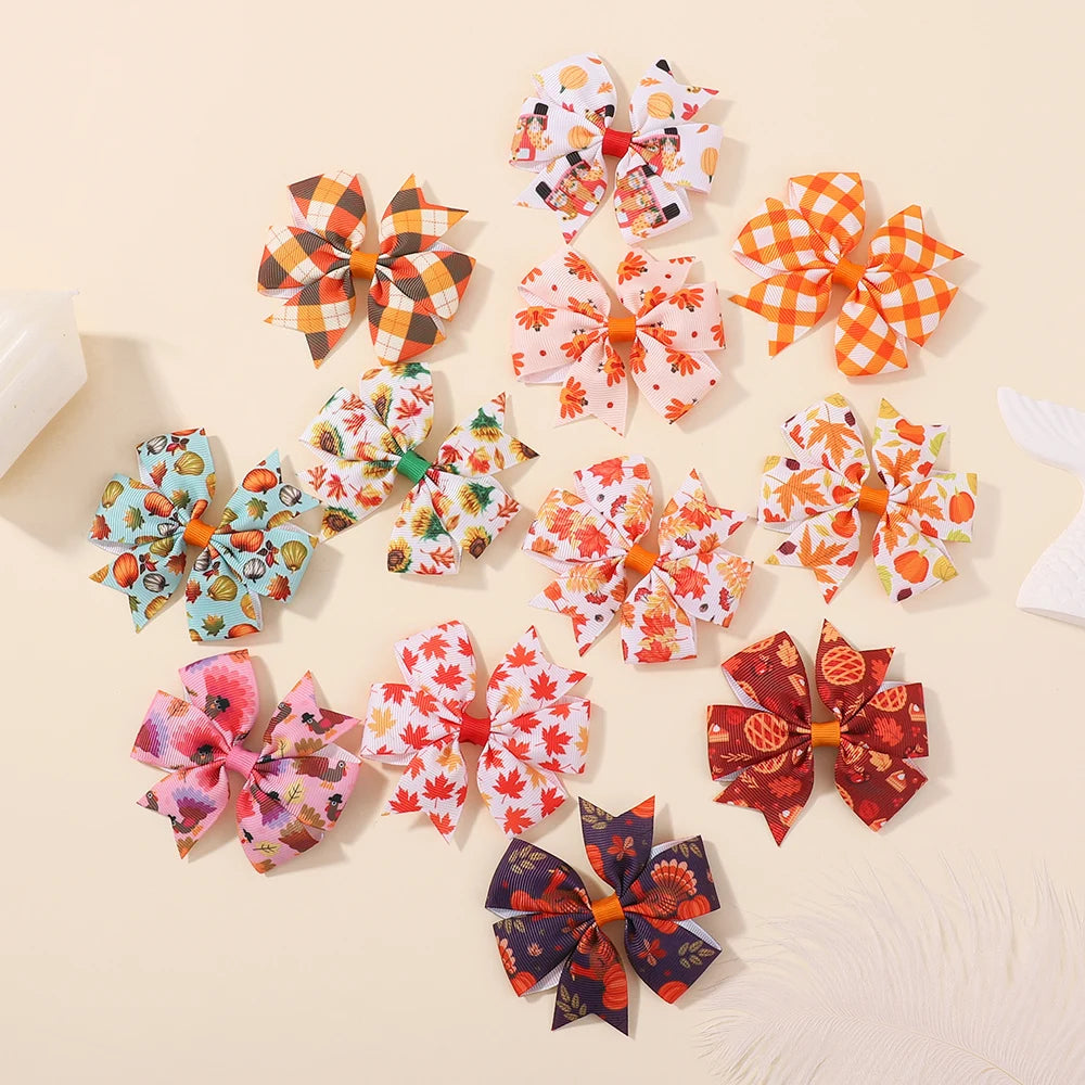 12/24Pcs Thanksgiving Day Bow Hair Clip Set For Kids Girls Autumn Printed Ribbon Maple Leaves Pumkin Hairpins Hair Accessories