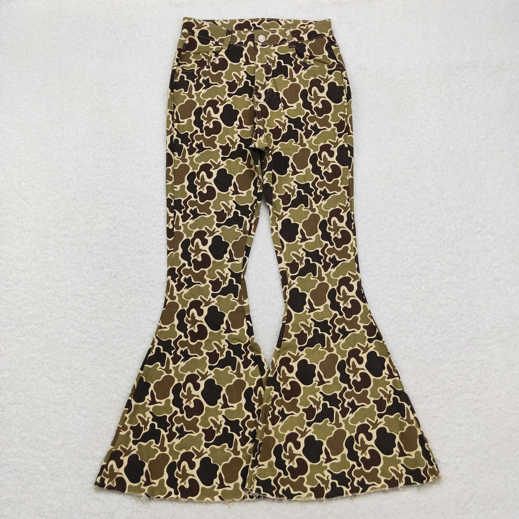 Wholesale Adult Women Leopard Stripes Denim Jeans Adjustable Bell Bottom Pants Pocket Woman Trousers Boutique Clothing