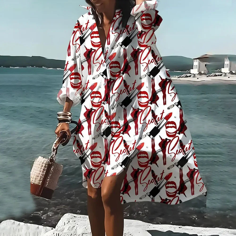 Female Clothing Lapel Collar Shirt Dresses Fashion Women's Long Sleeve Shirts Skirts Chain Pattern 3D Printing Boutique Dress