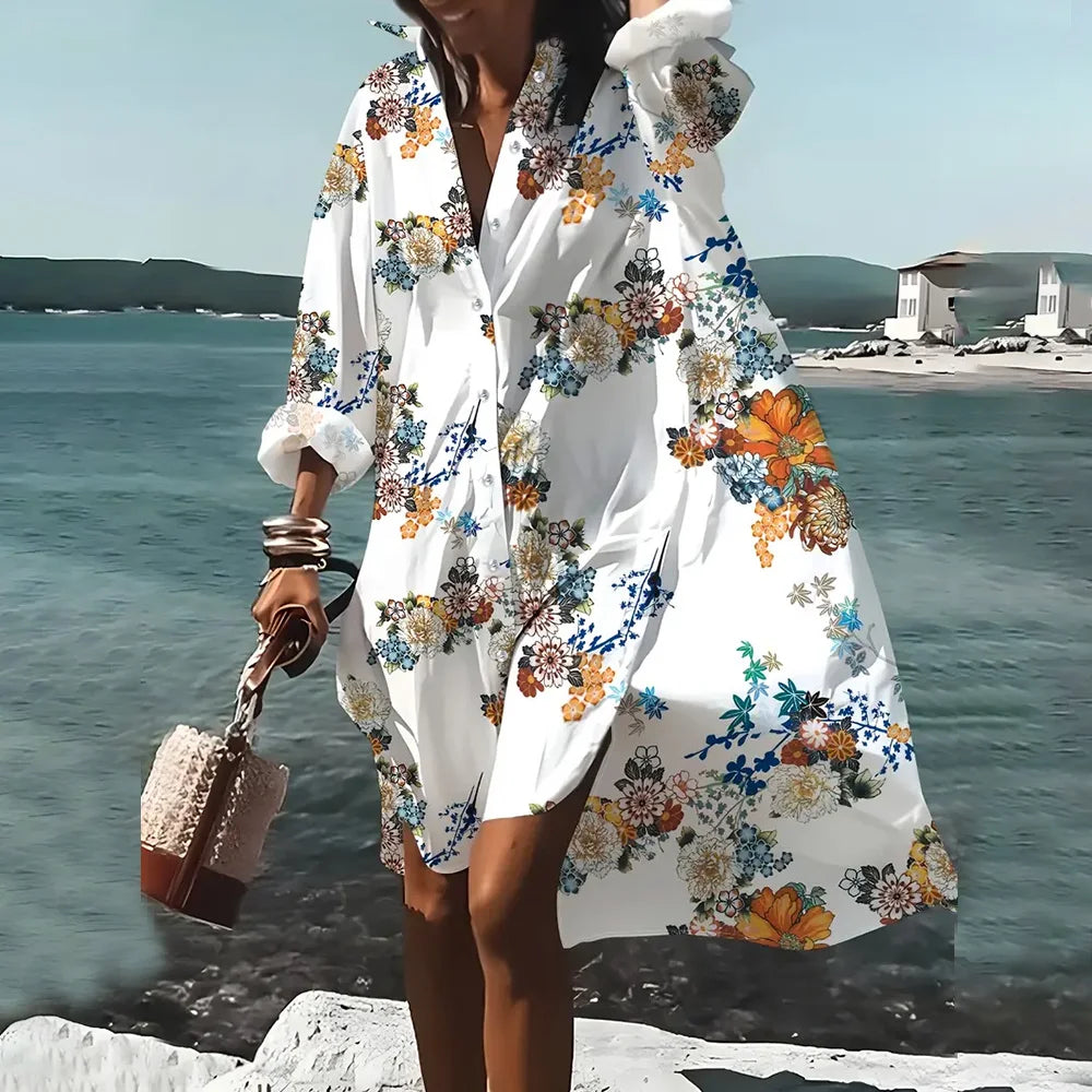 Female Clothing Lapel Collar Shirt Dresses Fashion Women's Long Sleeve Shirts Skirts Chain Pattern 3D Printing Boutique Dress