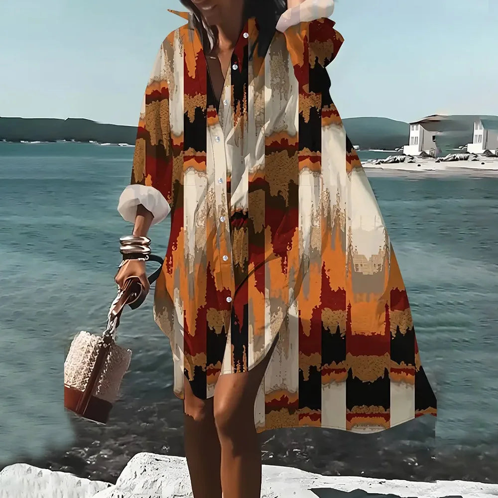 Female Clothing Lapel Collar Shirt Dresses Fashion Women's Long Sleeve Shirts Skirts Chain Pattern 3D Printing Boutique Dress