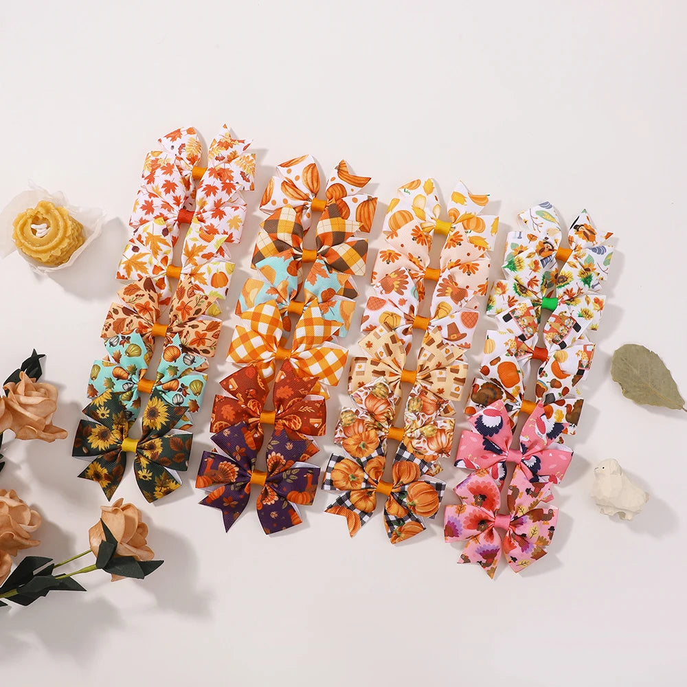 12/24Pcs Thanksgiving Day Bow Hair Clip Set For Kids Girls Autumn Printed Ribbon Maple Leaves Pumkin Hairpins Hair Accessories